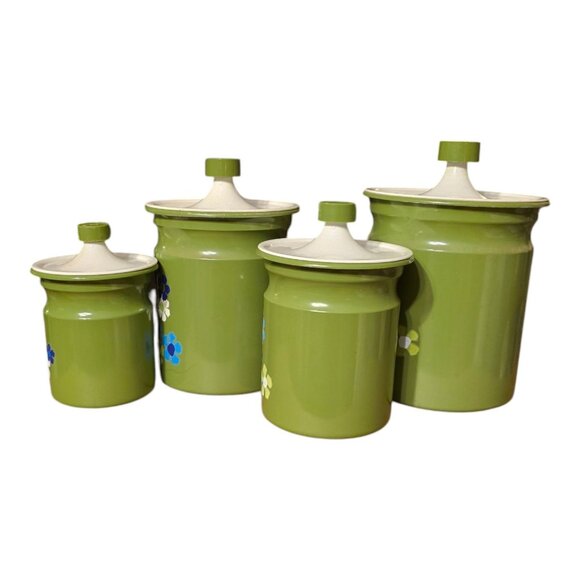 Vtg Kromex Floral Metal Canister Set w/ Lids Retro Storage 4 Pc Nesting USA - Picture 4 of 13